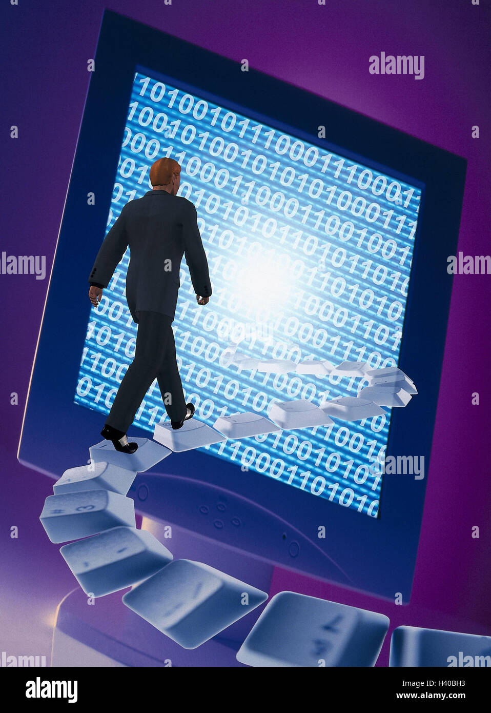 Icon, Zugang, Computer, Internet, Benutzer, Anzeige, Binär-Code, Daten, Hardware, Software, Benutzer, Förderung, Karriere, Möglichkeit, Vielfalt, Erweiterung, Orientierung, Erfolg, Wegrichtung, Zukunft, entschlossen, zielstrebig, Treppen, Knöpfe, Geschäftsmann, Stockfoto