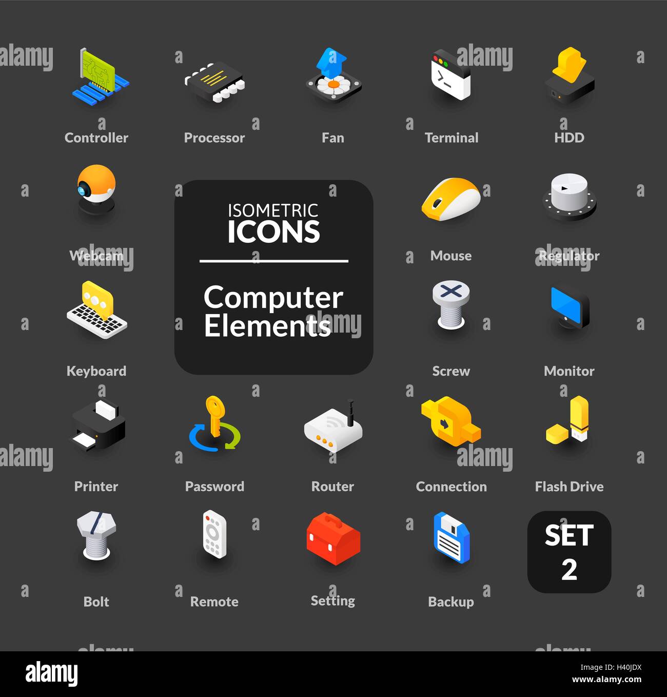 Farbige Icons inmitten flach isometrische Darstellung Stil, Vektor-Sammlung Stock Vektor