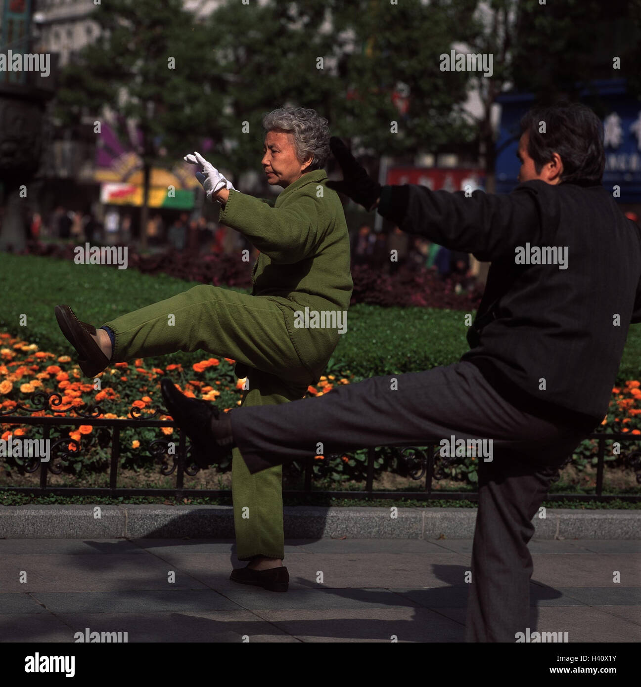 China, Shanghai, Zentrum, Park, paar, Schatten Lautsprecher, morgen sport, sportlich, Gymnastik, Tai Ji, Tai-Chi, Schatten Lautsprecher, in Chinesisch, Praxis, Meditation, Bewegung, draußen, Stockfoto