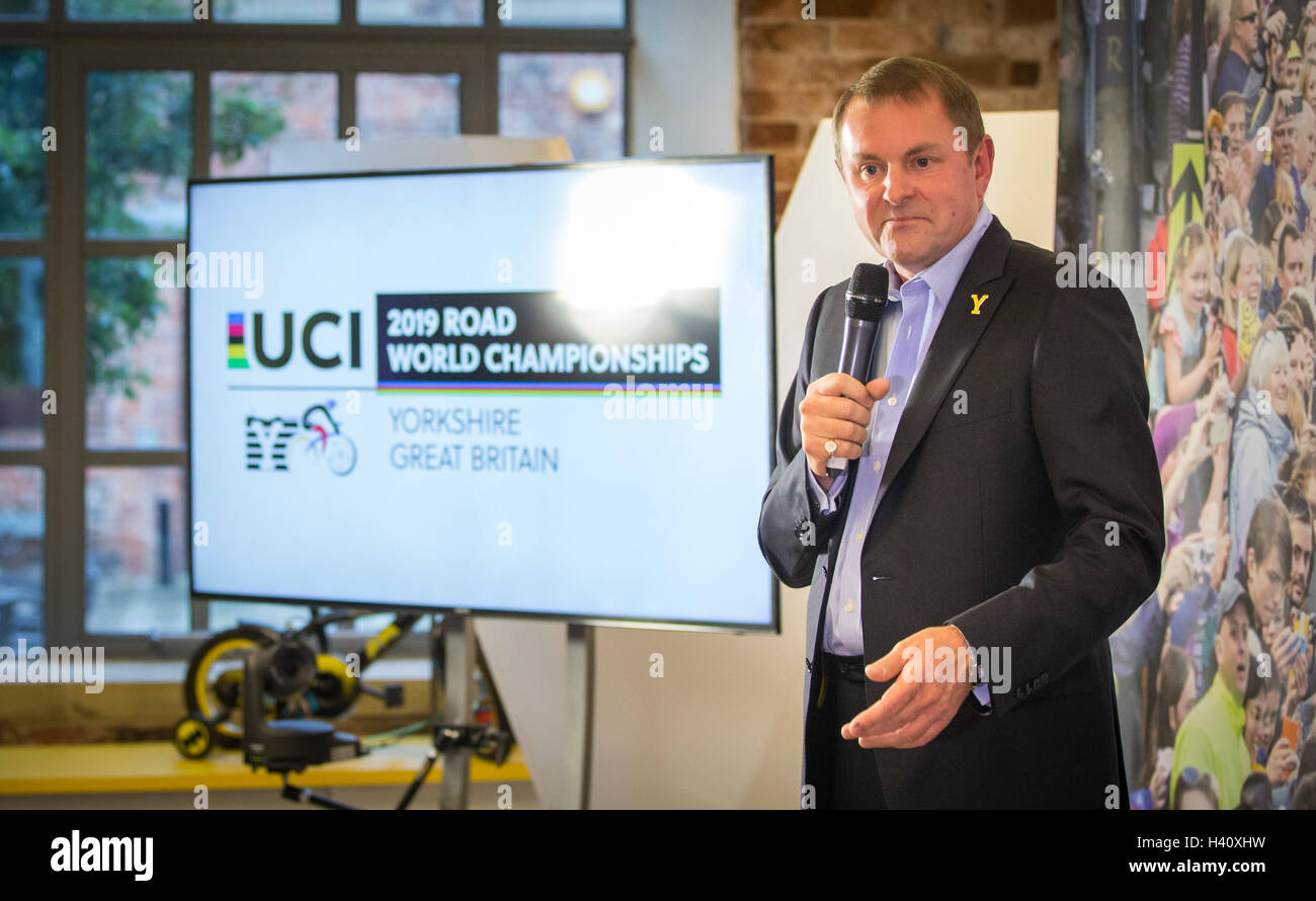 Sir Gary Verity, Chief Executive bei Willkommen in Yorkshire, als der YorkshireÂ ist gewählt, um die 2019 UCI Road World Championships, während einer Pressekonferenz bei der Begrüßung zu Yorkshire Büros, Leeds Gastgeber. Stockfoto