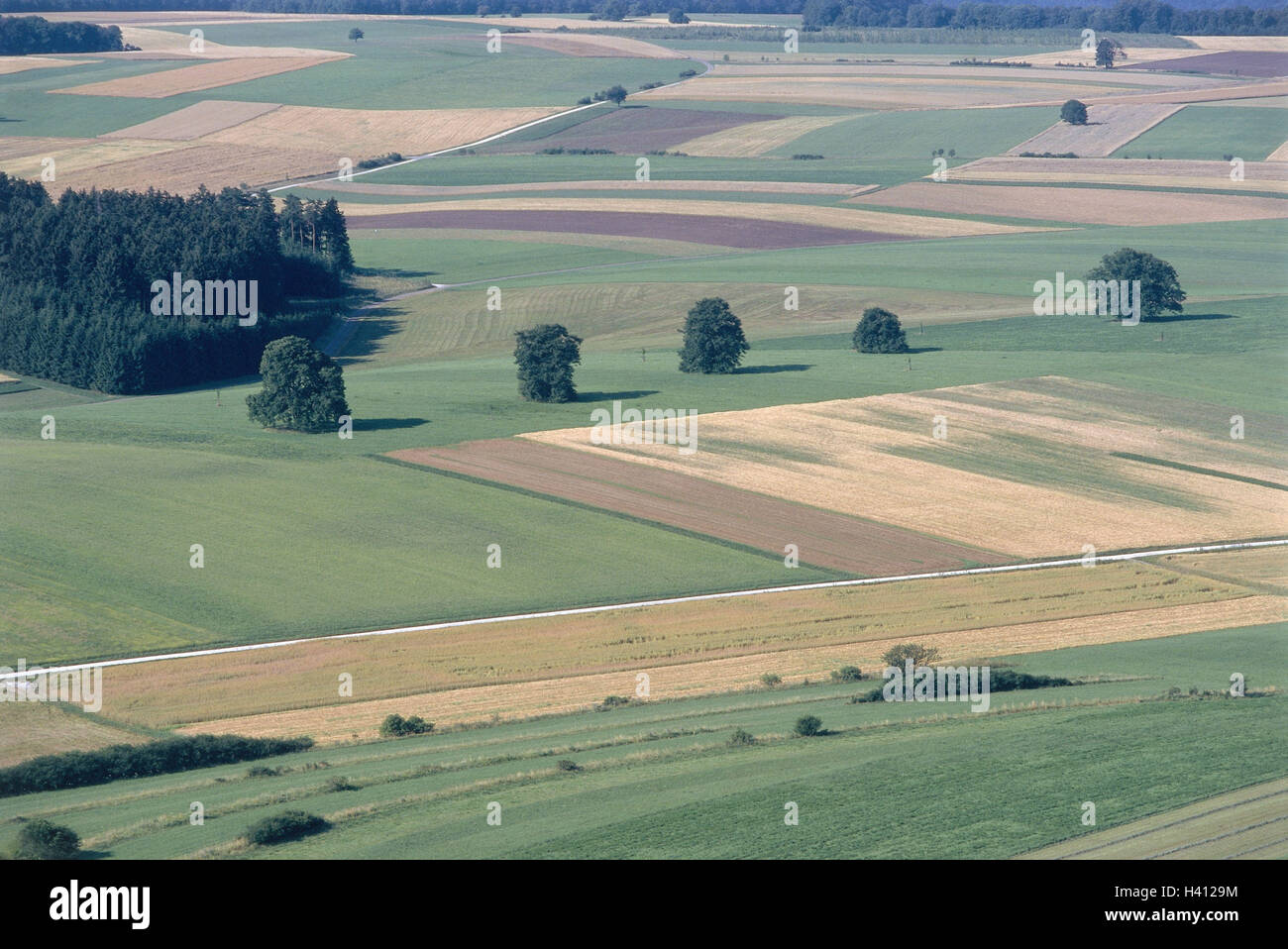 Deutschland, Baden-Wurttemberg, Lachs Dinge, Berg Kornbühl, anzeigen Bereich Landschaft, Europa, schwäbische Albtraum, Zollernalbkreis, Landwirtschaft, Naturschutzgebiet, Naturschutzgebiet, Berg Kegel 886 m, Ansicht, Landschaft, Feld-Halle, Array, Felder, Wiesen, Feld p Stockfoto