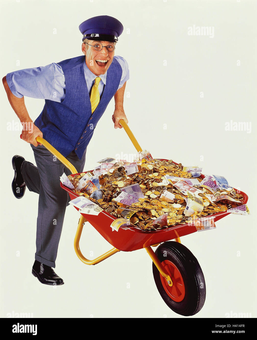 Mann, Barrow, Geld, Bewegung, Lauf, Bausteinsymbol, "monetäre Messenger" Konzepte, Messenger, Zusteller, Geld, Münzen, Geldscheine, Banknoten, Goldmünzen, liefern, Reichtum, Gewinn, Studio, Schnitt Outs Stockfoto