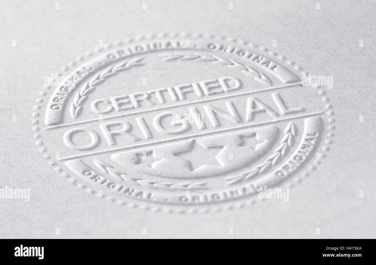 3D Abbildung einer geprägte Briefmarke mit dem Text zertifizierte Original, Papierhintergrund, horizontales Bild. Konzept der Sicherheitsmerkmale Stockfoto
