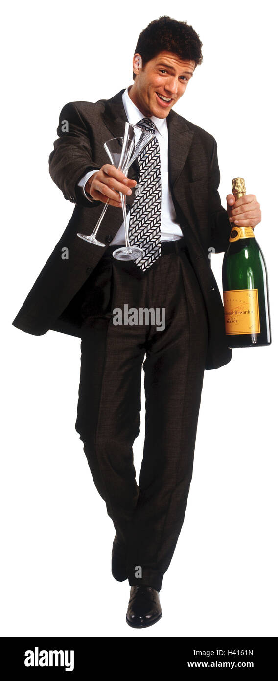 Geschäftsmann, jung, Flasche, Champagner, Brille, Angebot, Berufe, Studio, Freisteller, Mann, Erfolge feiern, Stockfoto