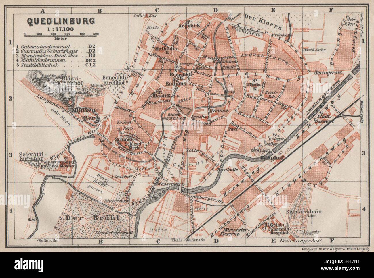 QUEDLINBURG antiken Stadt Stadt attraktivem. Deutschland Karte. BAEDEKER-1910 alte Karte 
