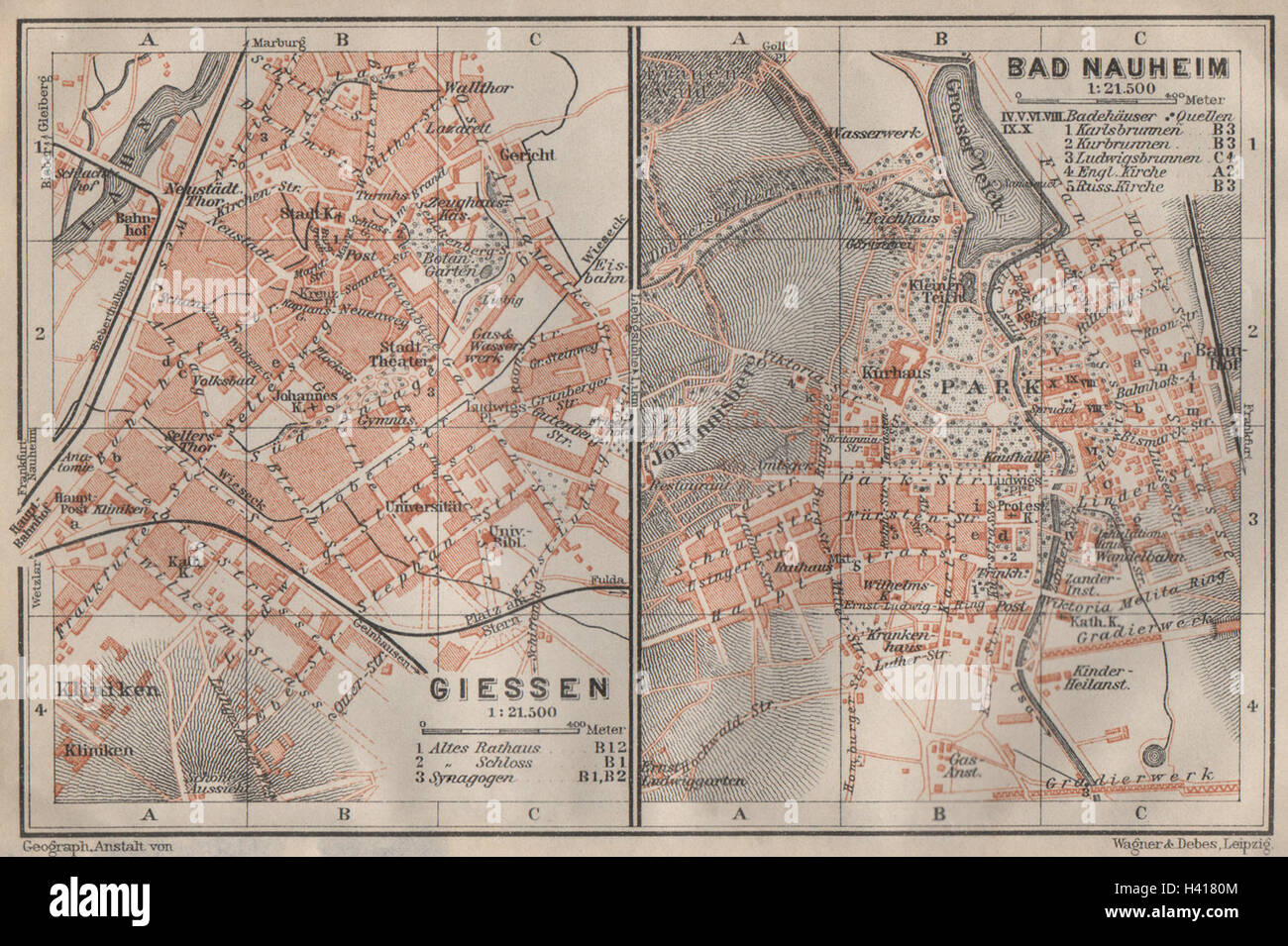 BAEDEKER. Giessen. Bad Nauheim. Mitteldeutschland 1910 alte Antike Landkarte Diagramm Stockfoto