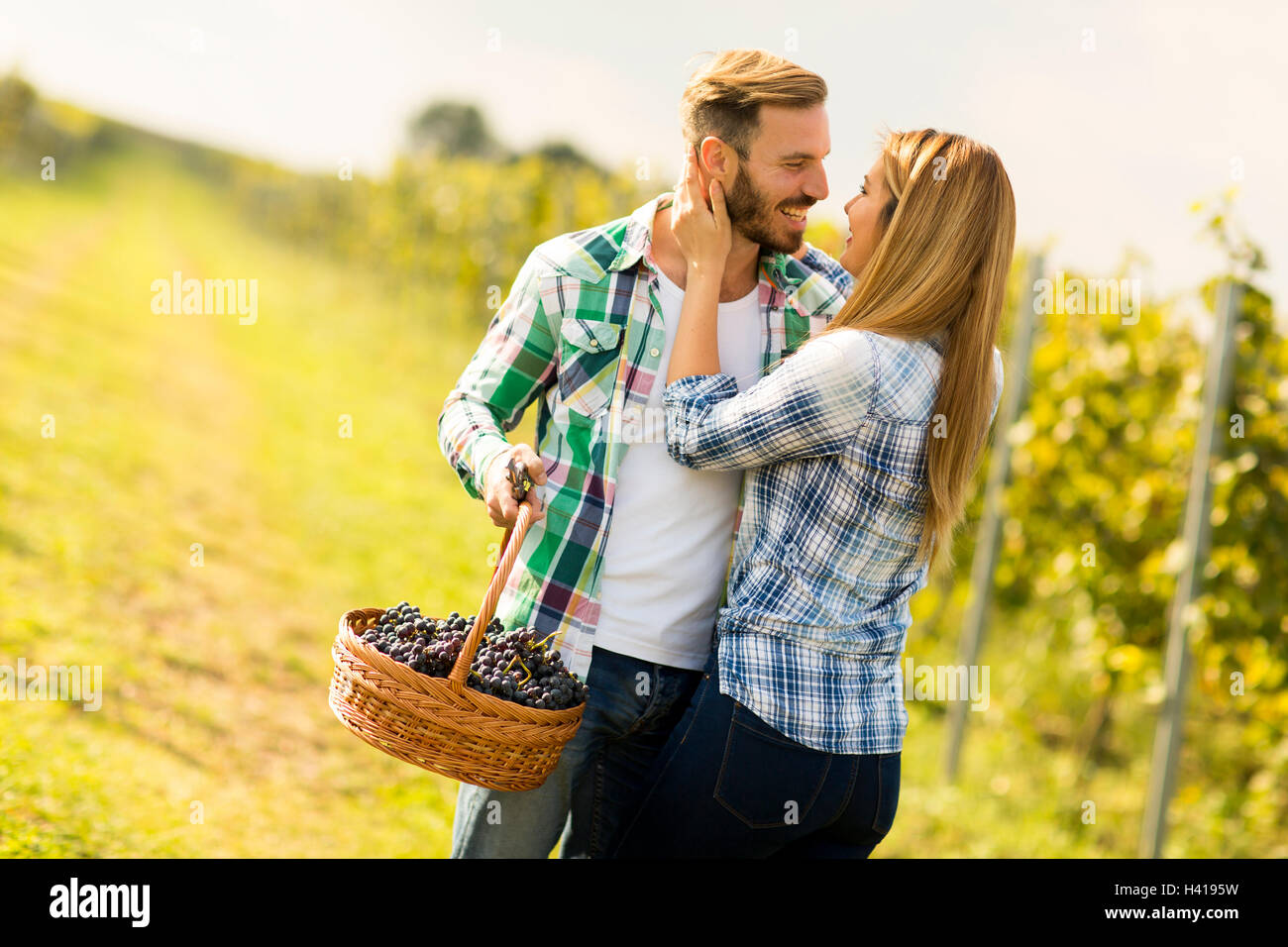 Foto eines jungen Paares küssen in einem Weinberg. Stockfoto