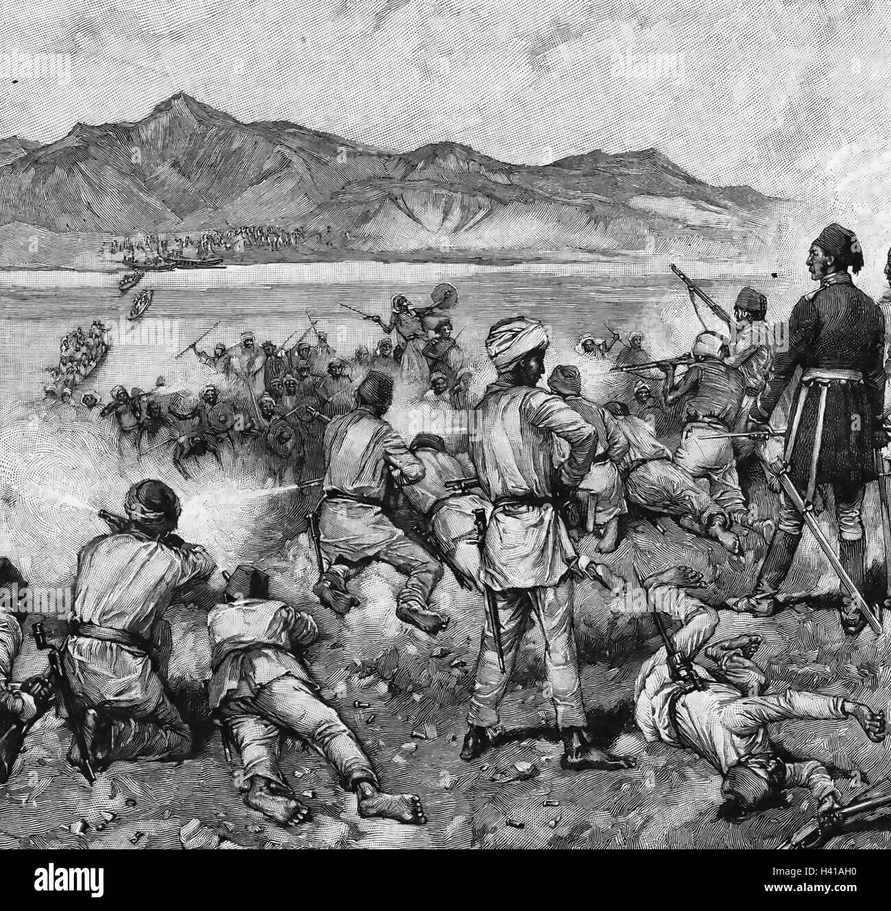 Britischer Offizier und CHARLES GEORGE GORDON (1833 – 1885). Seine gemischten ägyptische Kräfte besiegen Mahdi Kräfte versuchen, den Weißen Nil bei Kalakala, 3. Mai 1884 überqueren Stockfoto