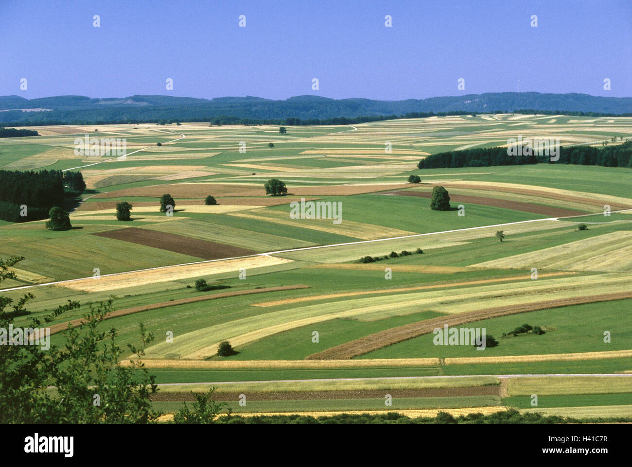 Deutschland, Baden-Wurttemberg, Lachs Dinge, Berg Kornbühl, anzeigen Bereich Landschaft, Europa, schwäbische Albtraum, Zollernalbkreis, Landwirtschaft, Naturschutzgebiet, Naturschutzgebiet, Berg Kegel 886 m, Ansicht, Landschaft, Feld-Halle, Array, Felder, Feld Teile, Blo Stockfoto