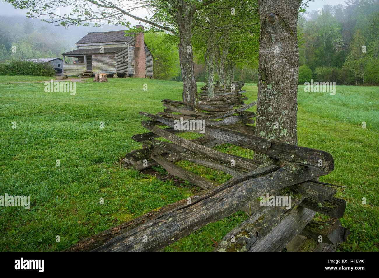 Great-Smoky-Mountains-Nationalpark, Tennessee: Cades Cove, der Dan Lawson Ort mit Split Rail Zaun im zeitigen Frühjahr Stockfoto