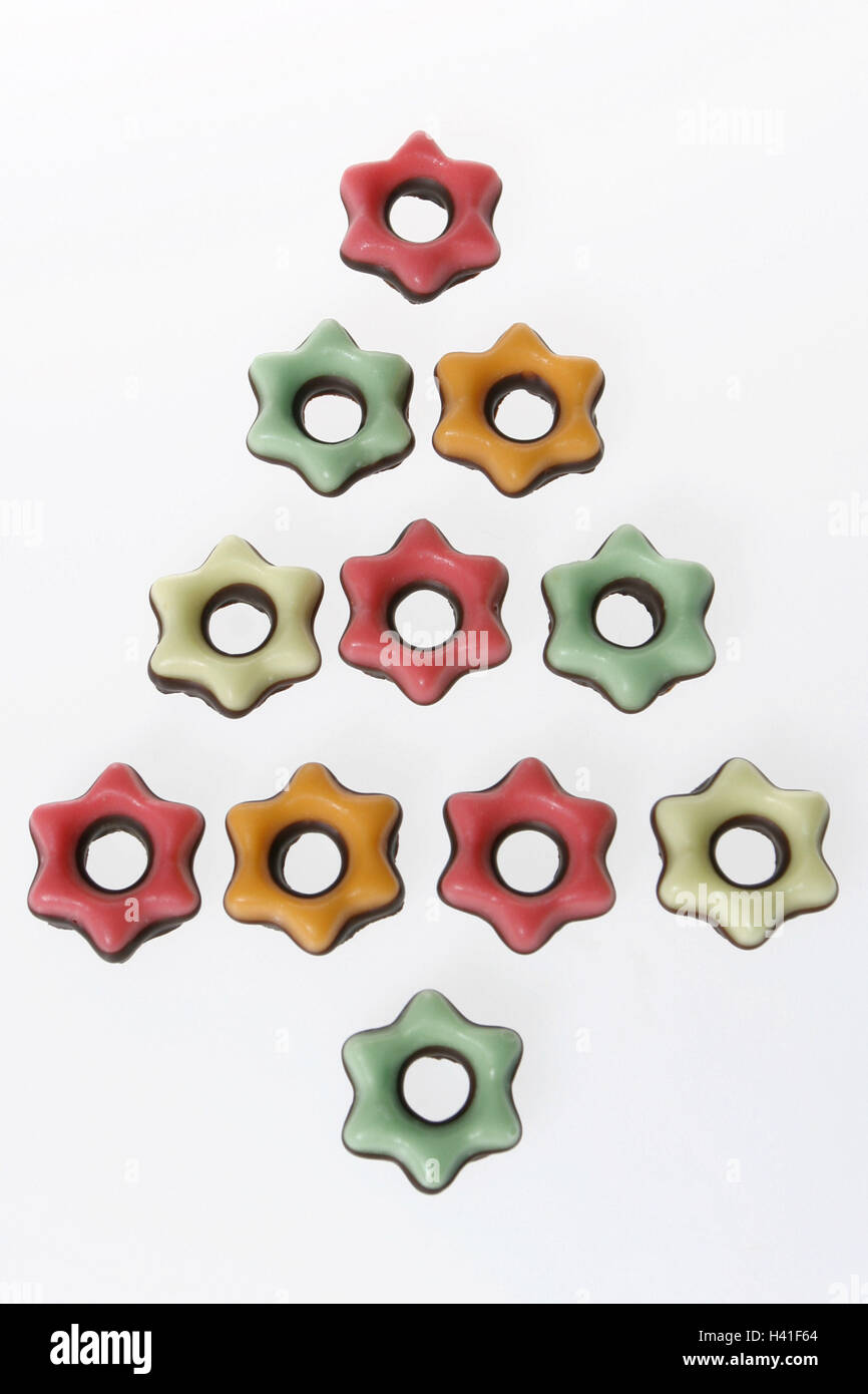 Weihnachtskuchen, Biskuit, Sterne, Vereisung, bunt, array, 'Christmas Tree' kleine Kuchen, Kuchen, Kekse, bildet, radial, bunt, süß, Süßigkeiten, süß, mit Zucker, Icon, Naschen, Advent, Weihnachten, Weihnachten, Yule Flut, für Weihnachten, Kind Stockfoto