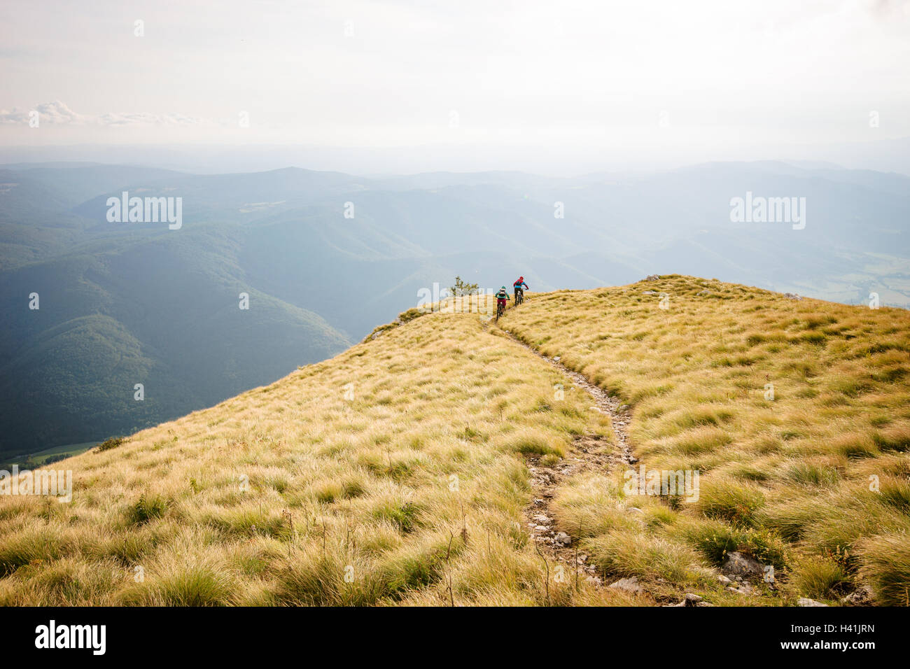 Zwei Mountainbiker auf einem Wanderweg in der Nähe von Vipava, Slowenien Stockfoto