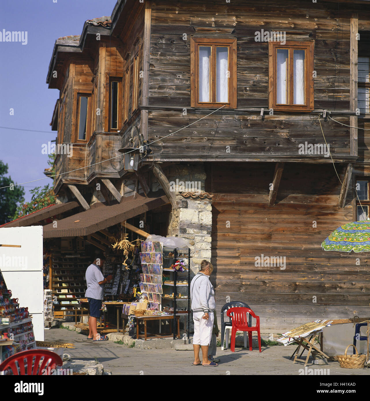 Bulgarien, Nessebar, Altstadt, Lane, Holzhäuser, Vertrieb, Andenken, Touristen Südost Europa, Nessebar, architektonischen Stil, traditionell, Souvenirverkauf, Wirtschaft, Handel, Tourismus, draußen Stockfoto