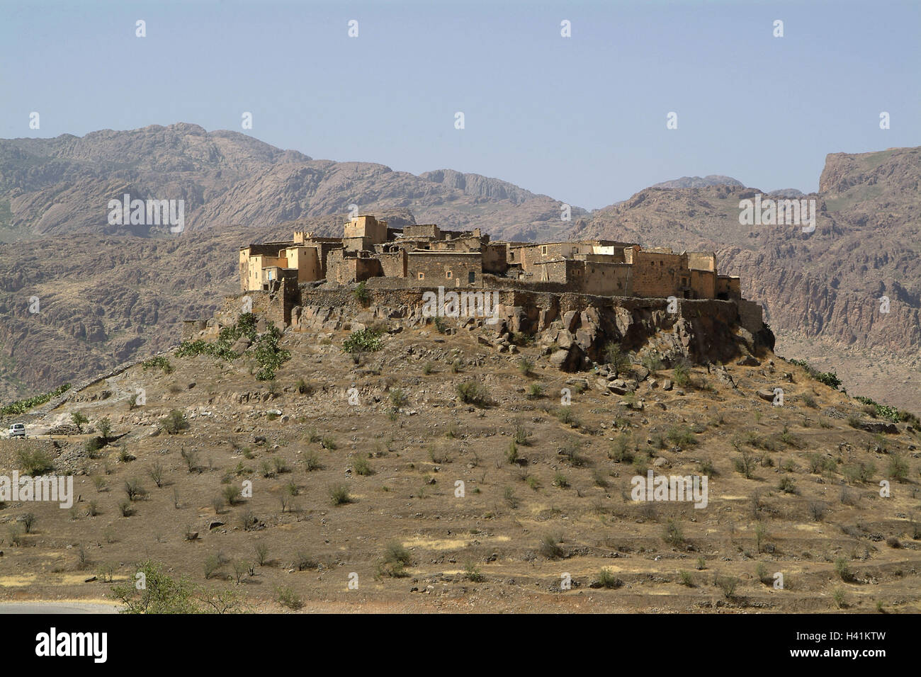 Marokko, Anti-Atlas, Tiolit, Kasbah, Afrika, Berge, Berglandschaft, Faltengebirge, Hügel, Stadt, Häuser, mucky Häuser, Struktur, Stil, Tradition, in der Regel für Land, Reiseziel, Ort von Interesse, aus der Ferne, Einsamkeit, Ruhe, Stille Stockfoto