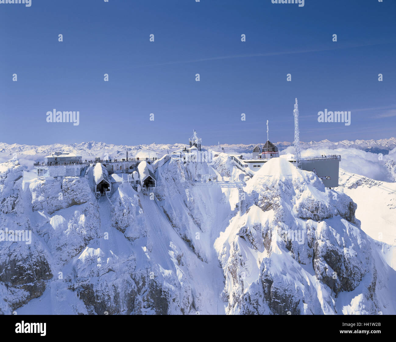 Deutschland, Oberbayern, Garmisch-Partenkirchen, Zugspitze, Tirol Zugspitze Flugbahn, Wetterstation, Europa, Berggipfel, österreichische Seilbahn, Ehrwalder Gondelbahn, Bergregion, Berge, Bergspitze, Gipfel der Zugspitze, Wettersteingebirge, bayrisch Stockfoto