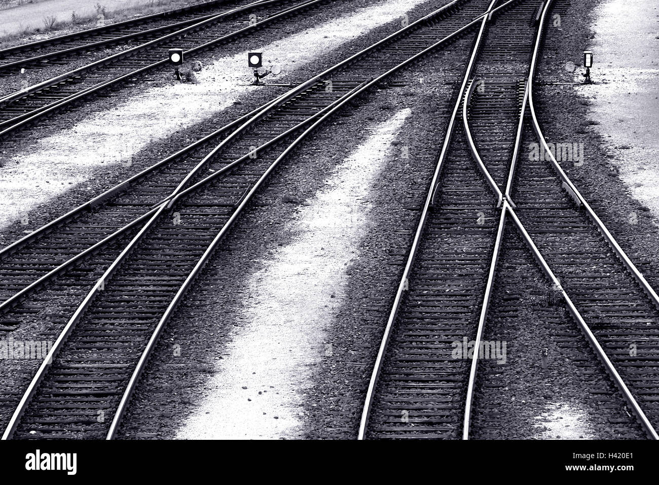 Bahnhof, Gleis-Installation, Detail, Punkte, s/w Stockfoto