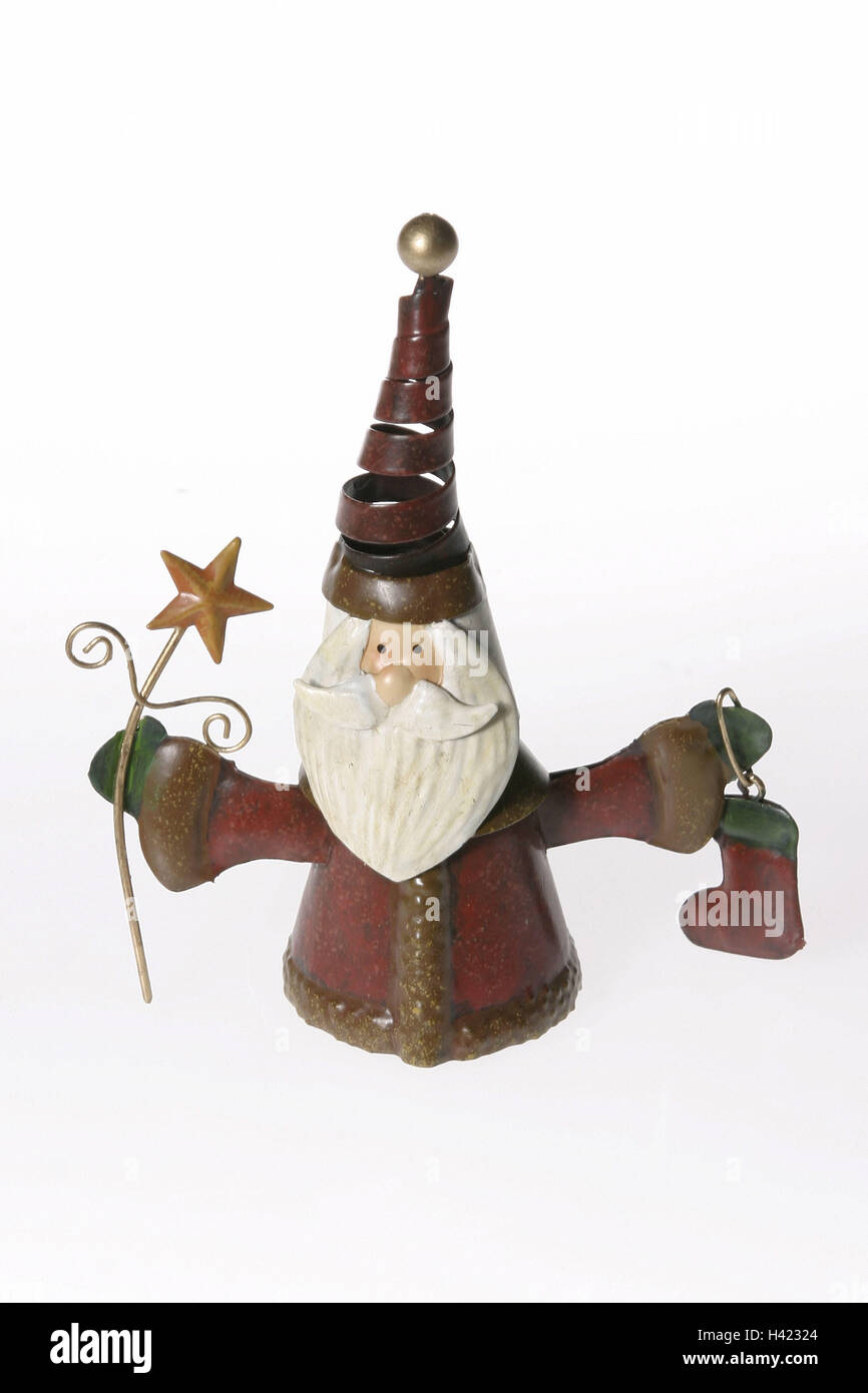 Weihnachtsdekoration, Metall-Figur, Santa Claus Weihnachten Yule Flut, Weihnachten, Advent, Dekoration, Deko, Dekorationsartikel, Figur, Santa, Metall, Nippes, Produktfotografie, Ausschneiden Stockfoto