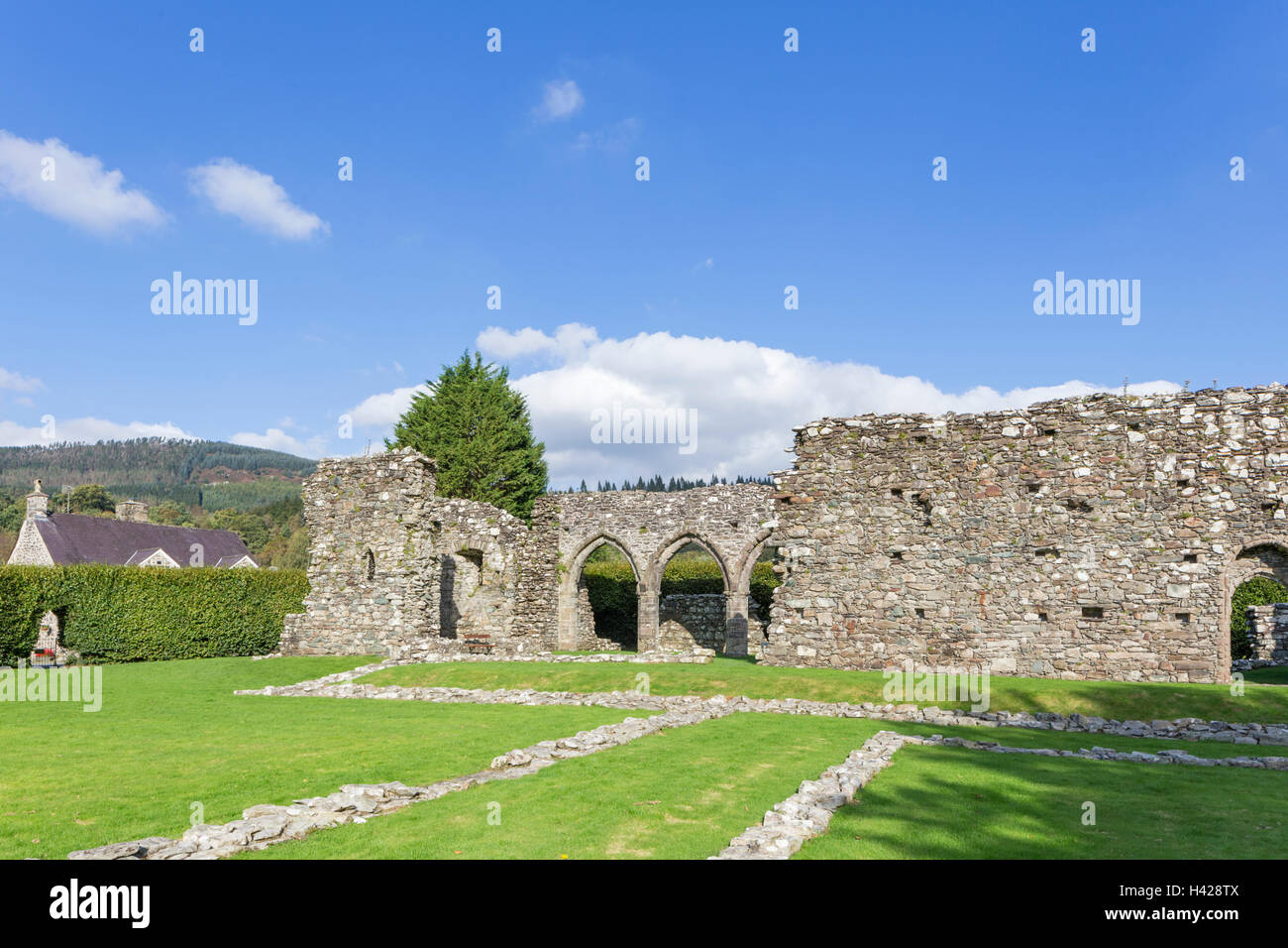 Die zerstörten Zisterzienserabtei Cymer "Abaty Cymer" in der Nähe des Dorfes Llanelltyd, Ortszentrum, Gwynedd, Nord-West-Wales, UK Stockfoto