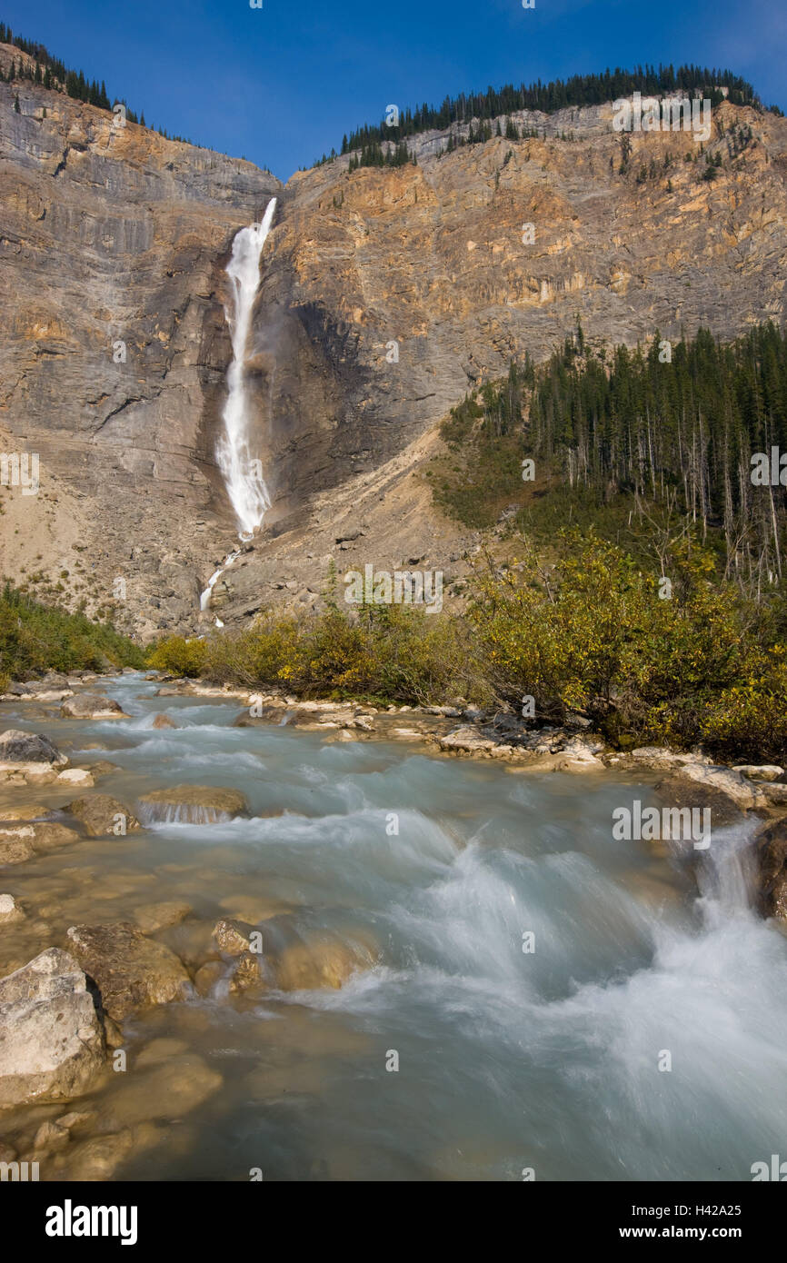 Kanada, British Columbia, Yoho National, Park, gespeisten Fall, Nationalpark, Ort von Interesse, Schauspiel Natur, Wasser, Wasserlauf, Wasser, Bäume, Erosion, Felsen, Fluss, Bach, Bergbach, Flussbett, Flusstal, Steilwand, Tal, Holz, Vegetation, Sträucher, Wasserfall, niemand, Natur, Stockfoto