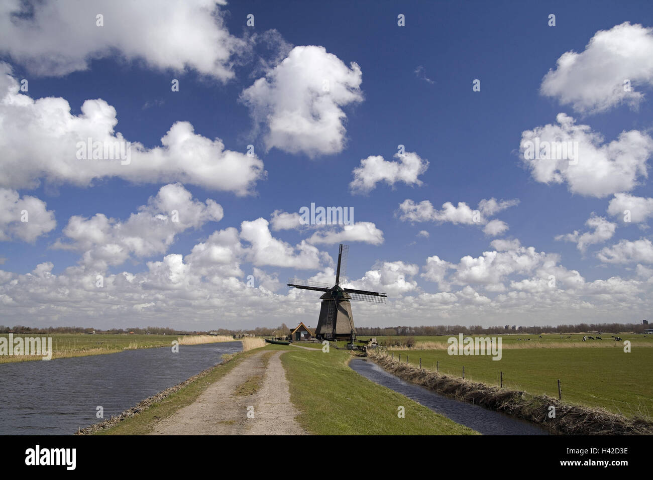Den Niederlanden, Nordbrabant, Bergen op Zoom, Windmühle, bewölkter Himmel, Wasser, Stockfoto