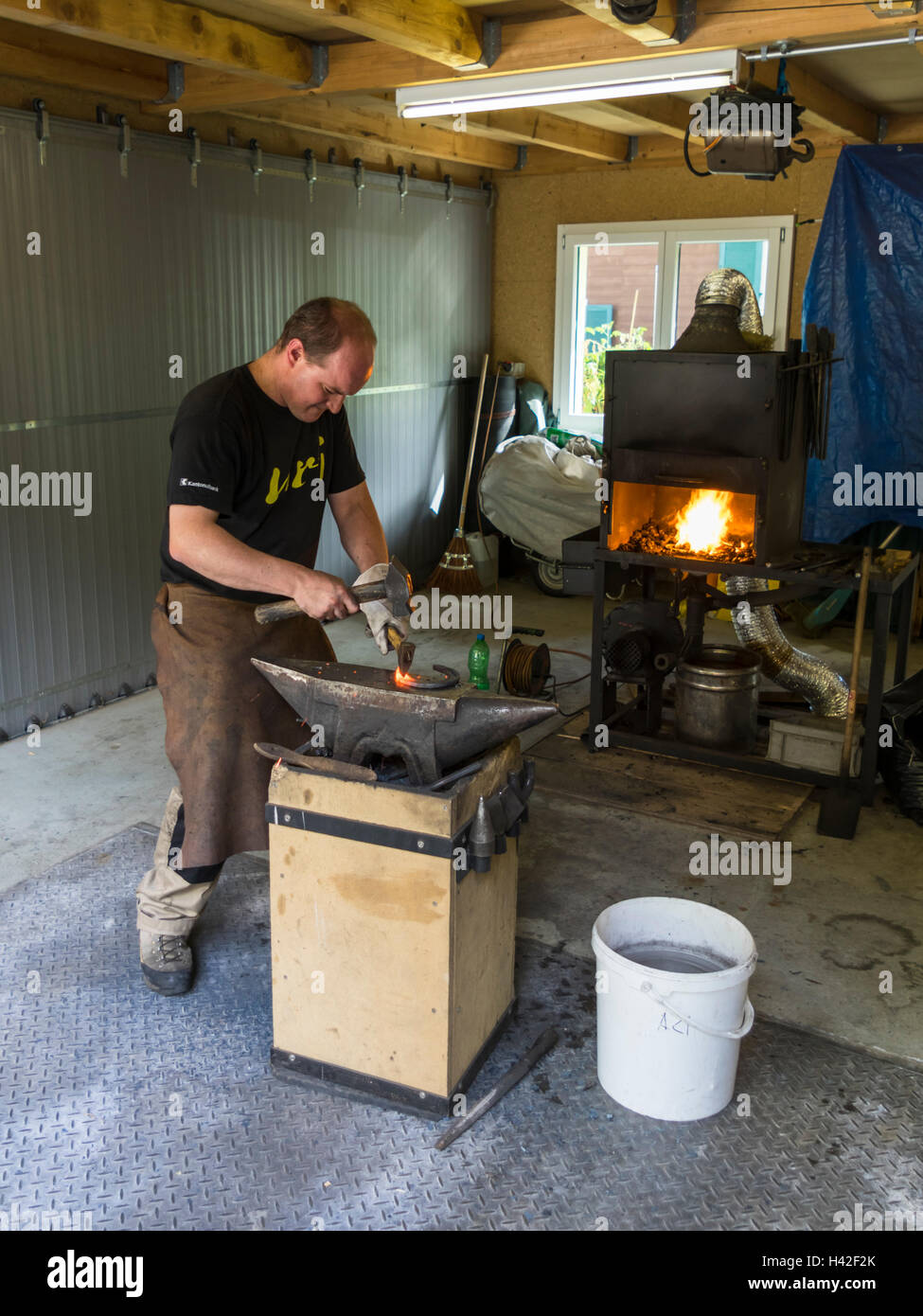 Schmied oder Hufschmied ein Hufeisen auf einem Amboss schmieden. Stockfoto