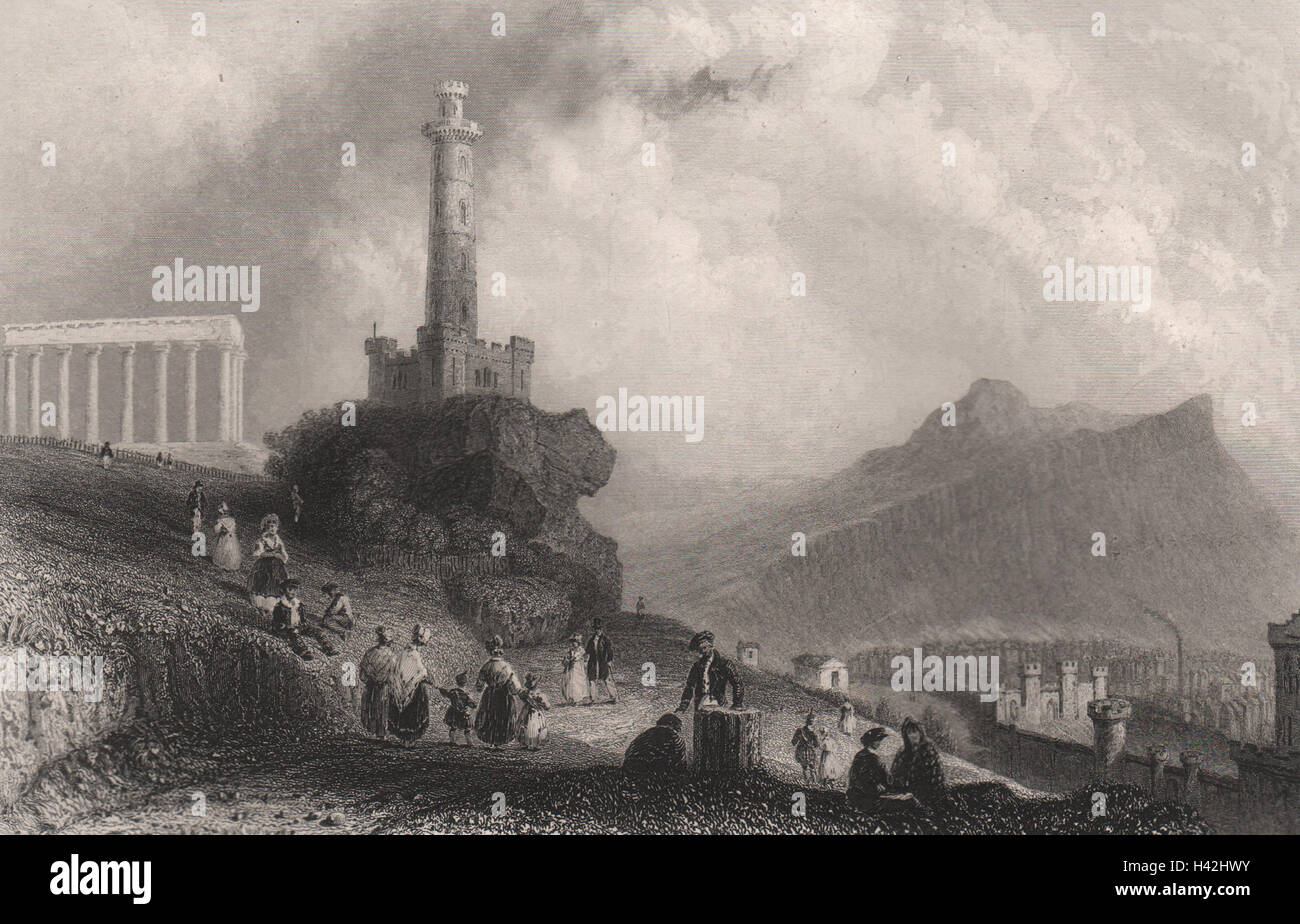 Die Calton Hill mit dem Nelson-Monument. Schottland. BARTLETT c1840 Alter Druck Stockfoto