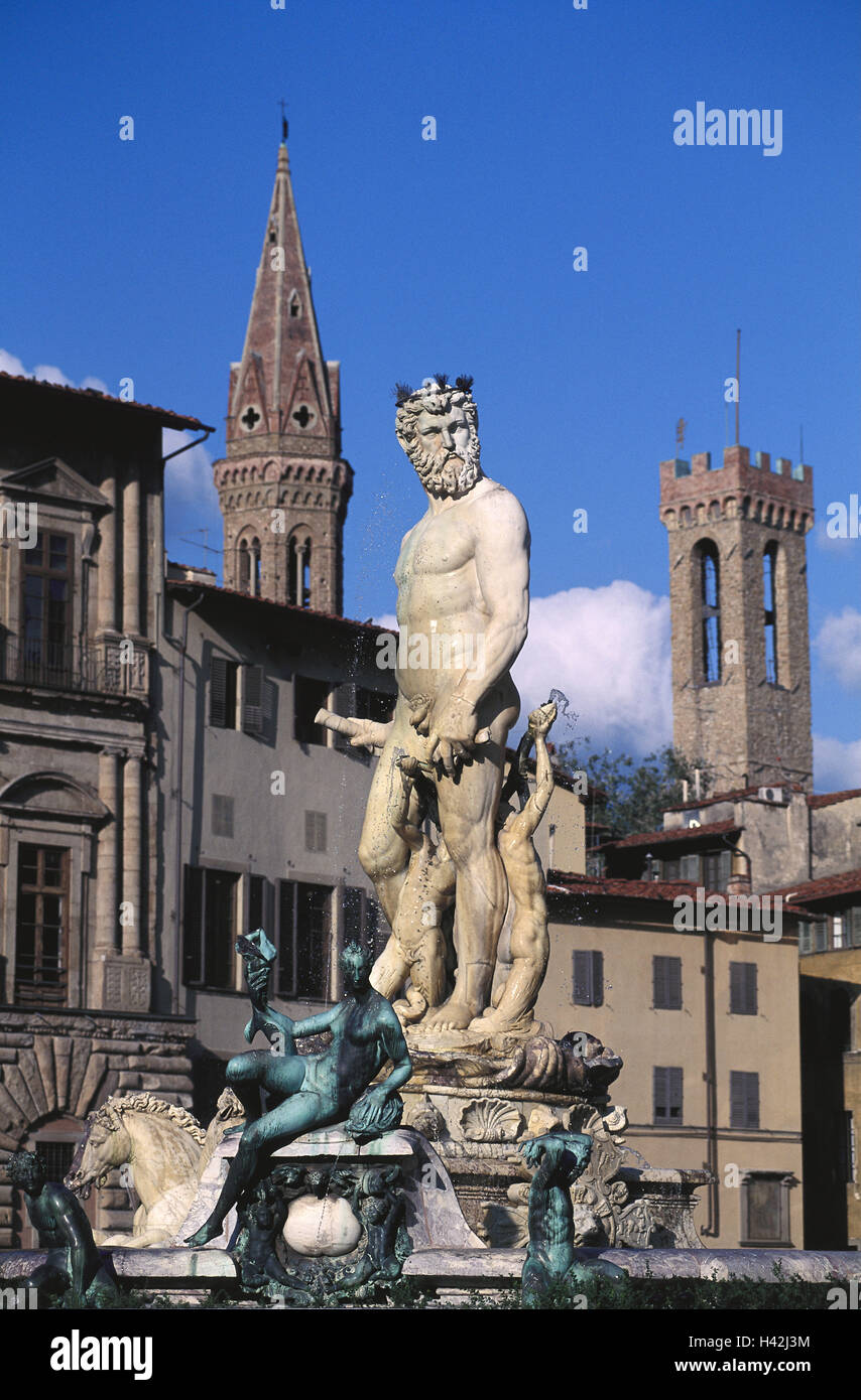 Italien, Toskana, Florenz, Piazza della Signora, Neptun Brunnen, Europa, Firenze, Kulturstadt, Fonte del Nettuno, 1575, Neptun Brunnen, gut zahlen, gut herauszufinden, Neptun, Meer Gott, Nymphen, Skulpturen, Statuen, Skulpturen, Brunnen, Kunst, Kultur, Sehenswürdigkeit, Tourismus Stockfoto