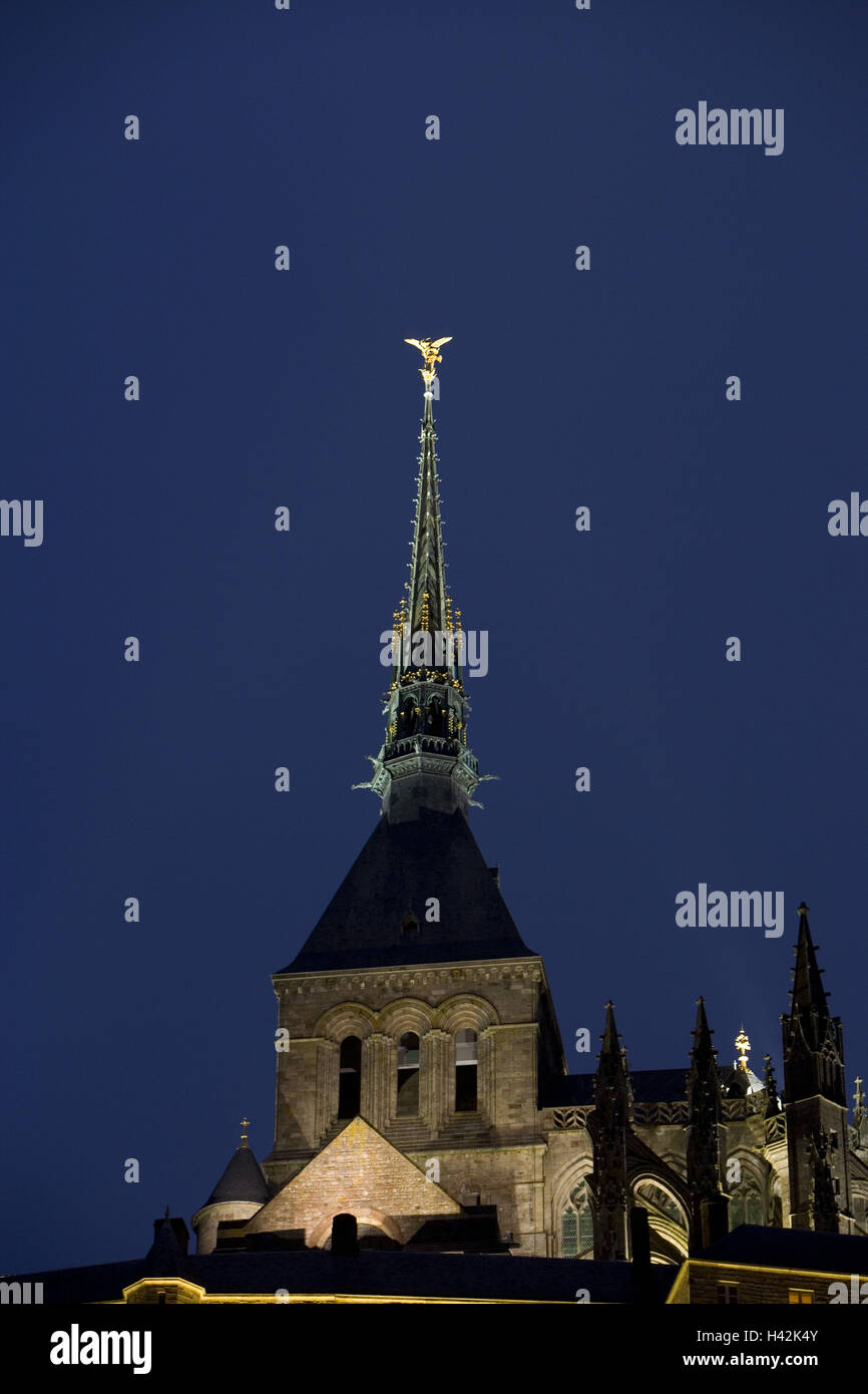 Frankreich, Normandie, manche, Mont-Saint-Michel, Abtei, Kirchturm, Detail, Abend, Stockfoto