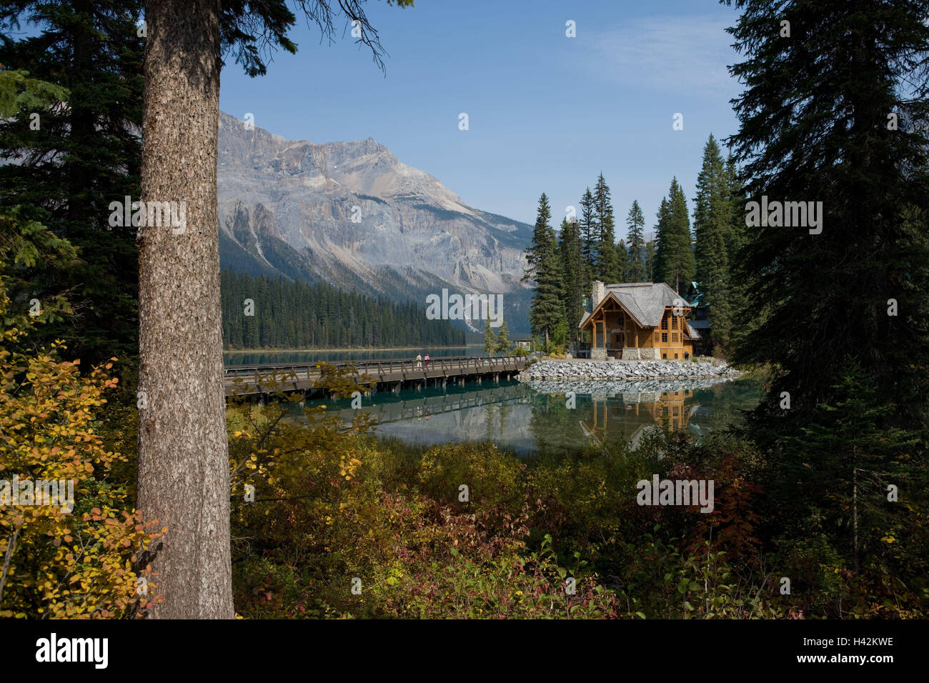 Kanada, British Columbia, Yoho National park, Emerald Lake, Emerald Lake Lodge, Yoho-Nationalpark, Berge, Bäume, Freizeit, Urlaub, Hotellerie, Holzhaus, Hotel, Unterkunft, Lodge, Bergen, Insel, Wasser, See, Wasser, Brücke, Kreuzung, Holzhaus, Tourismus, Person, Tourist, Holz, Natur, Stockfoto