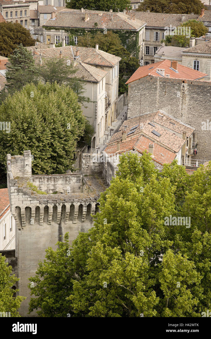Frankreich, Provence, Avignon, Stadtübersicht, Häuser, Detail, Stadt, Ziel, Ort von Interesse, Gebäude, Wohnhäuser, Steinstruktur Stein Weg, Häuser, Architektur, Turm, Bäume, außerhalb, Übersicht, Stockfoto