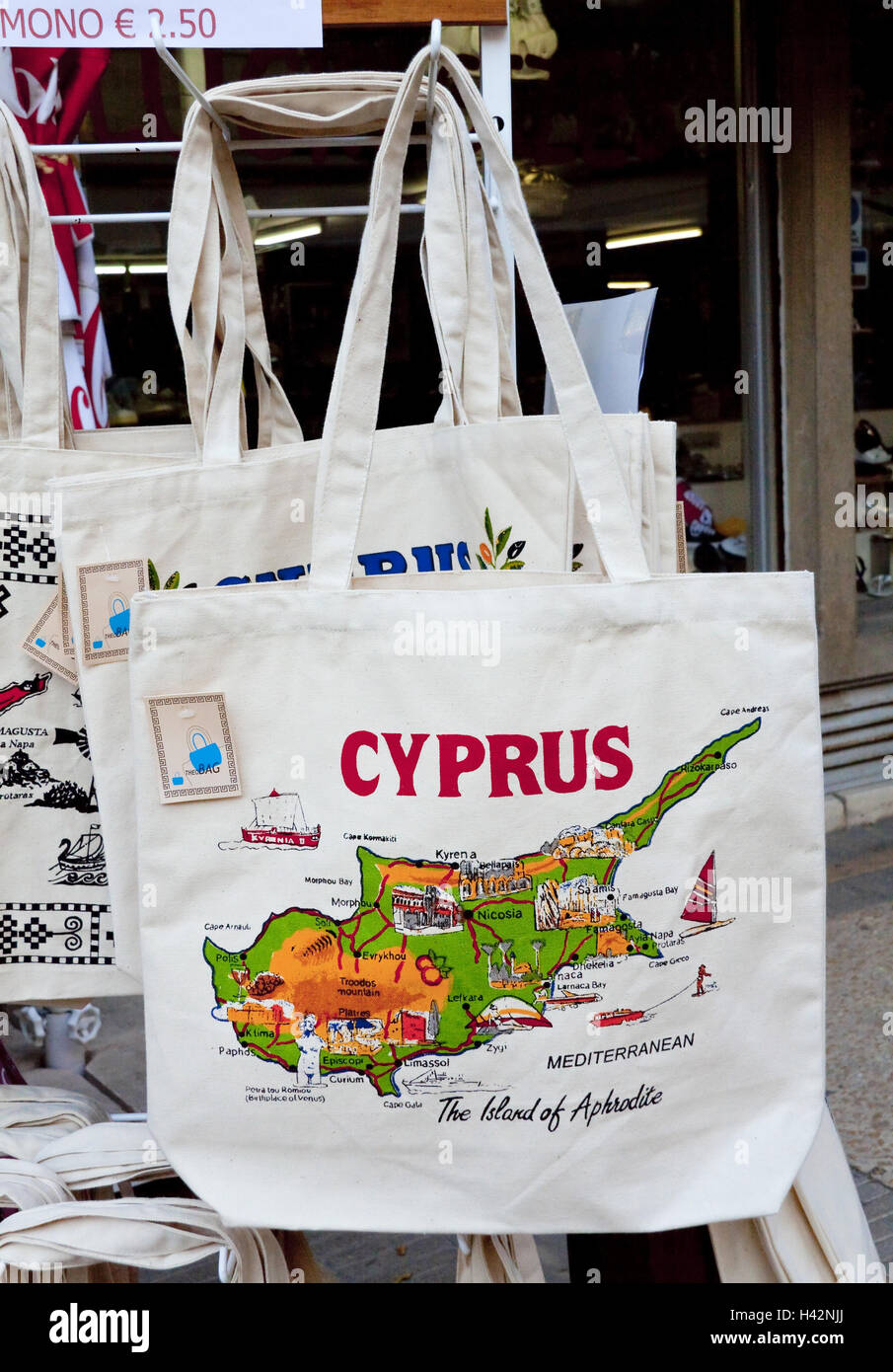 Zypern, Souvenir-Geschäft, Stoff Beutel, Stockfoto