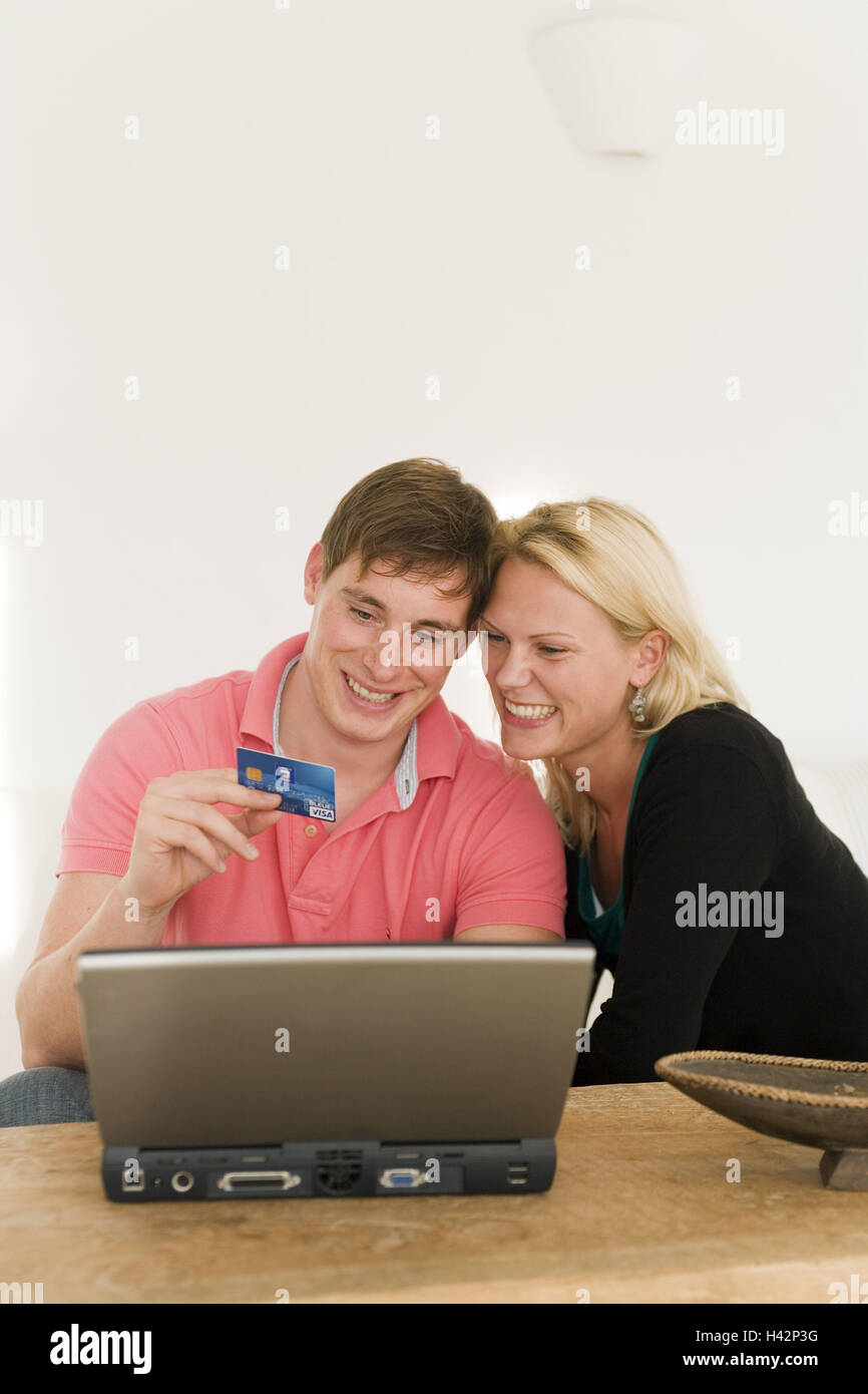Mann, Frau, jung, Laptop, Kreditkarte, Lächeln, Stockfoto