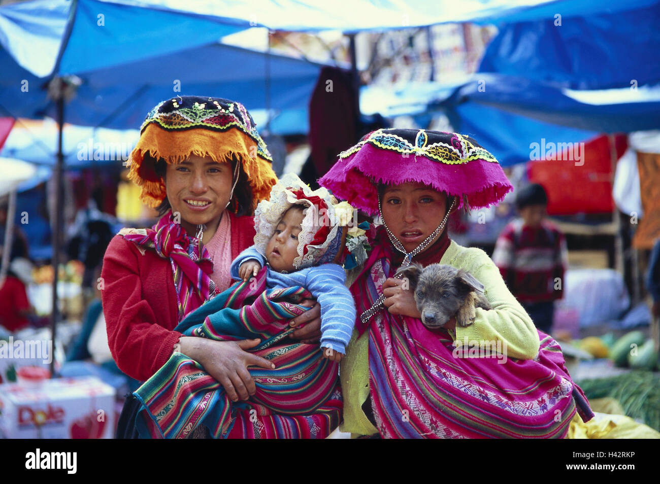 Peru, Cuzco, Inka Markt, Frauen, Kind, Costume national, halbe Porträt, kein Modell loslassen, Südamerika, Stadt, Menschen, einheimische, Peruaner, Kleidung, Tradition, hell, bunt, typisch für Land, Baby, Hund, tragen, Stockfoto
