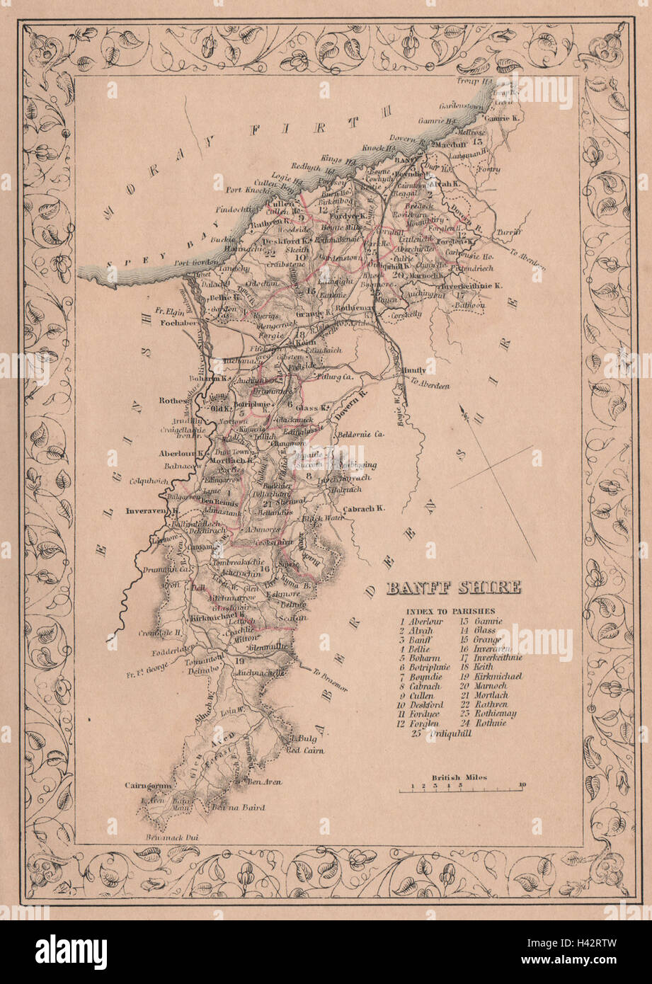 Dekorative antike county Karte von Banffshire, Schottland. FULLARTON 1868 alt Stockfoto