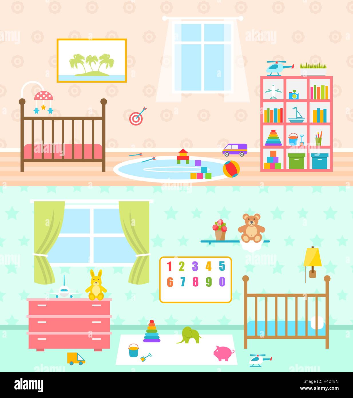 Spielzimmer für Kinder festgelegt. Baby Zimmer innen Stock Vektor
