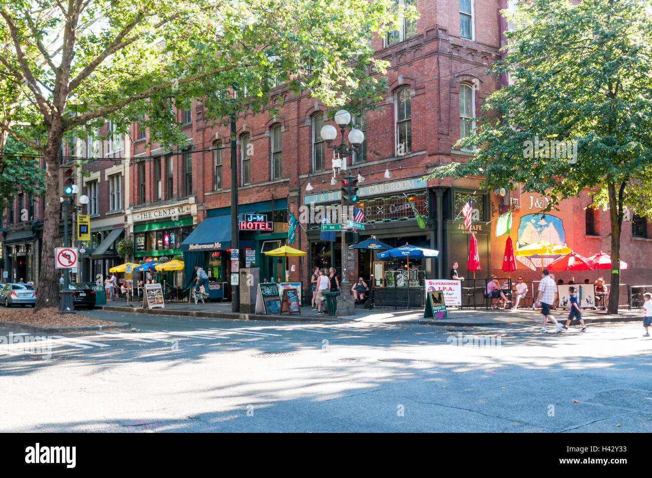 1st Avenue South in der alten Pioneer Square Gegend von Seattle. Stockfoto