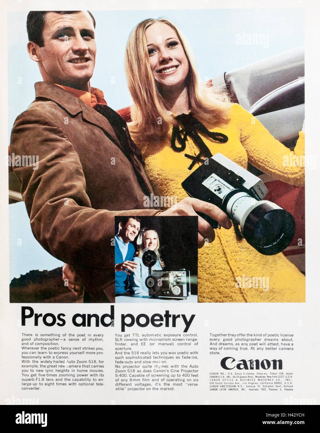 1970er Jahre Werbung Werbung Canon Cine-Kameras und film Equipment. Stockfoto