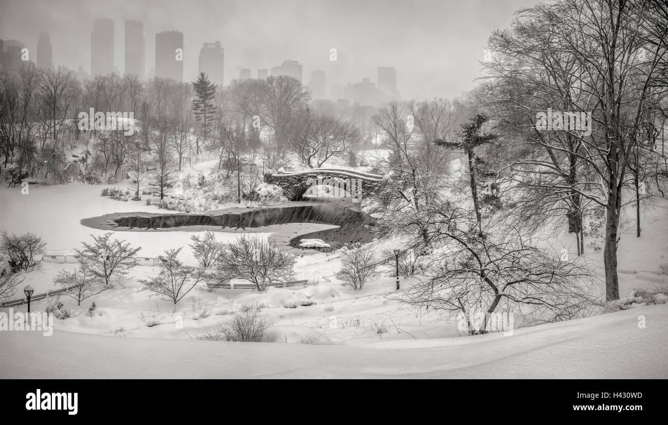 Winter Schnee-Sturm im Central Park mit Blick auf die Gapstow-Brücke und die zugefrorenen Teich. Manhattan, New York City Stockfoto