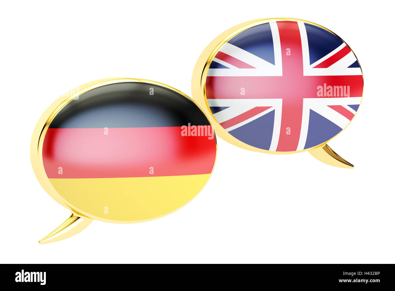 Sprechblasen, Englisch-Deutsch Konversation Konzept. 3D-Rendering isoliert auf weißem Hintergrund Stockfoto