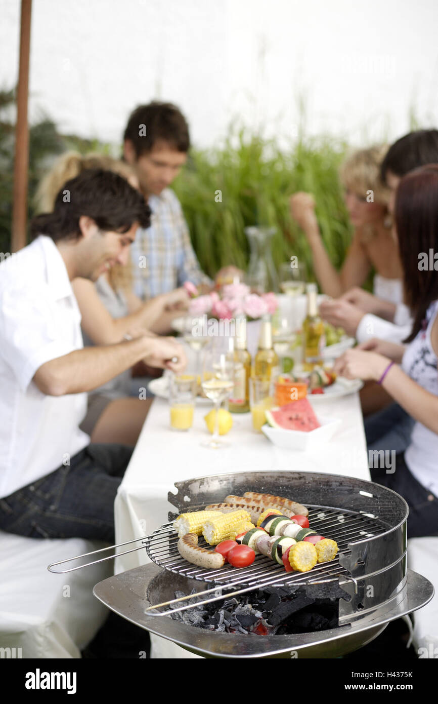 Grill, Gruppe, Tisch, Essen, trinken, Stockfoto