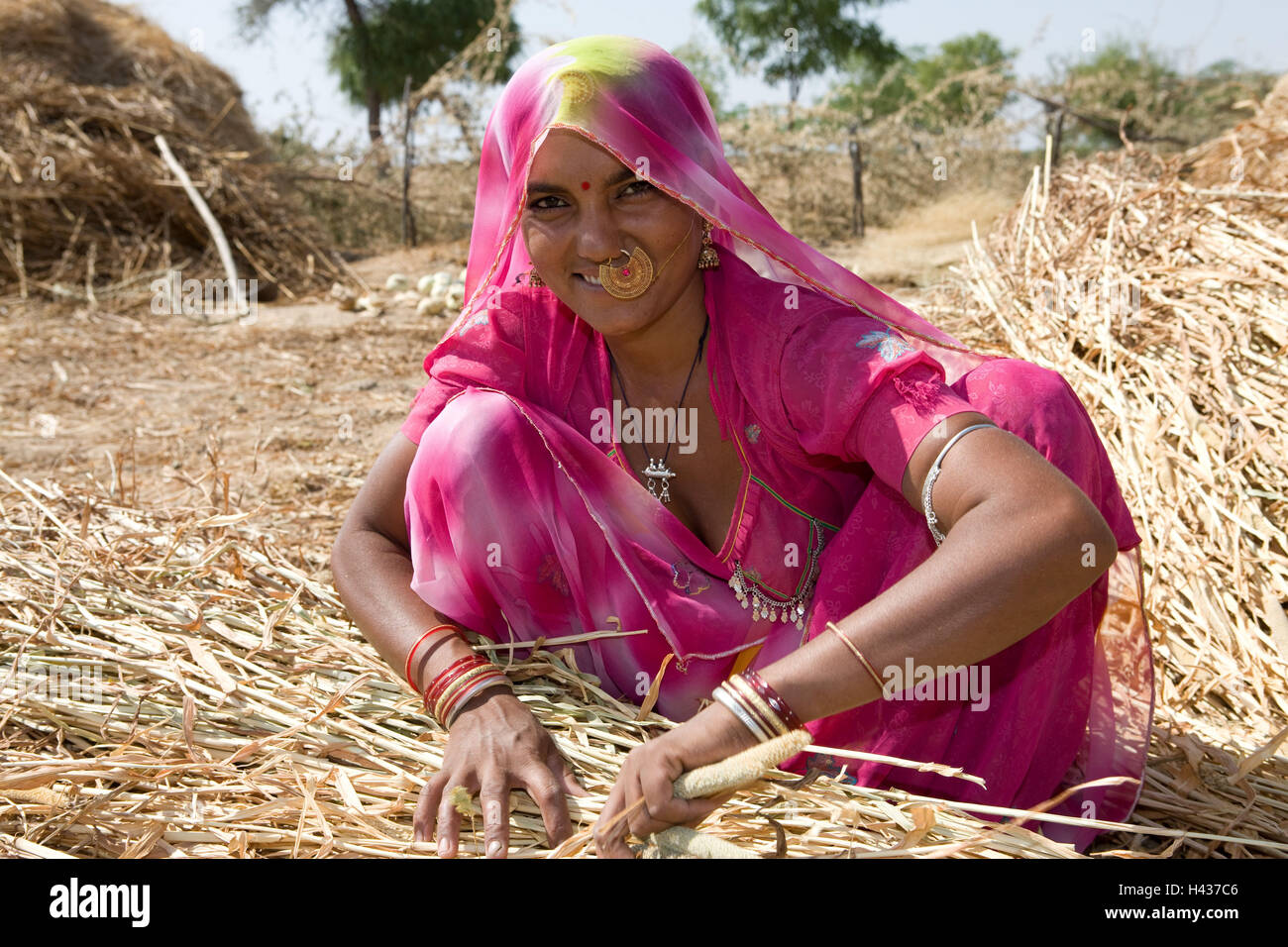 Indien, Rajasthan, in der Nähe Luni, Stamm Bisnoi, Frau, junge, Lächeln, Ernte Kopftuch, nasale Ring, Schmuck, hocken, Korn, kein Model-Release, Stockfoto