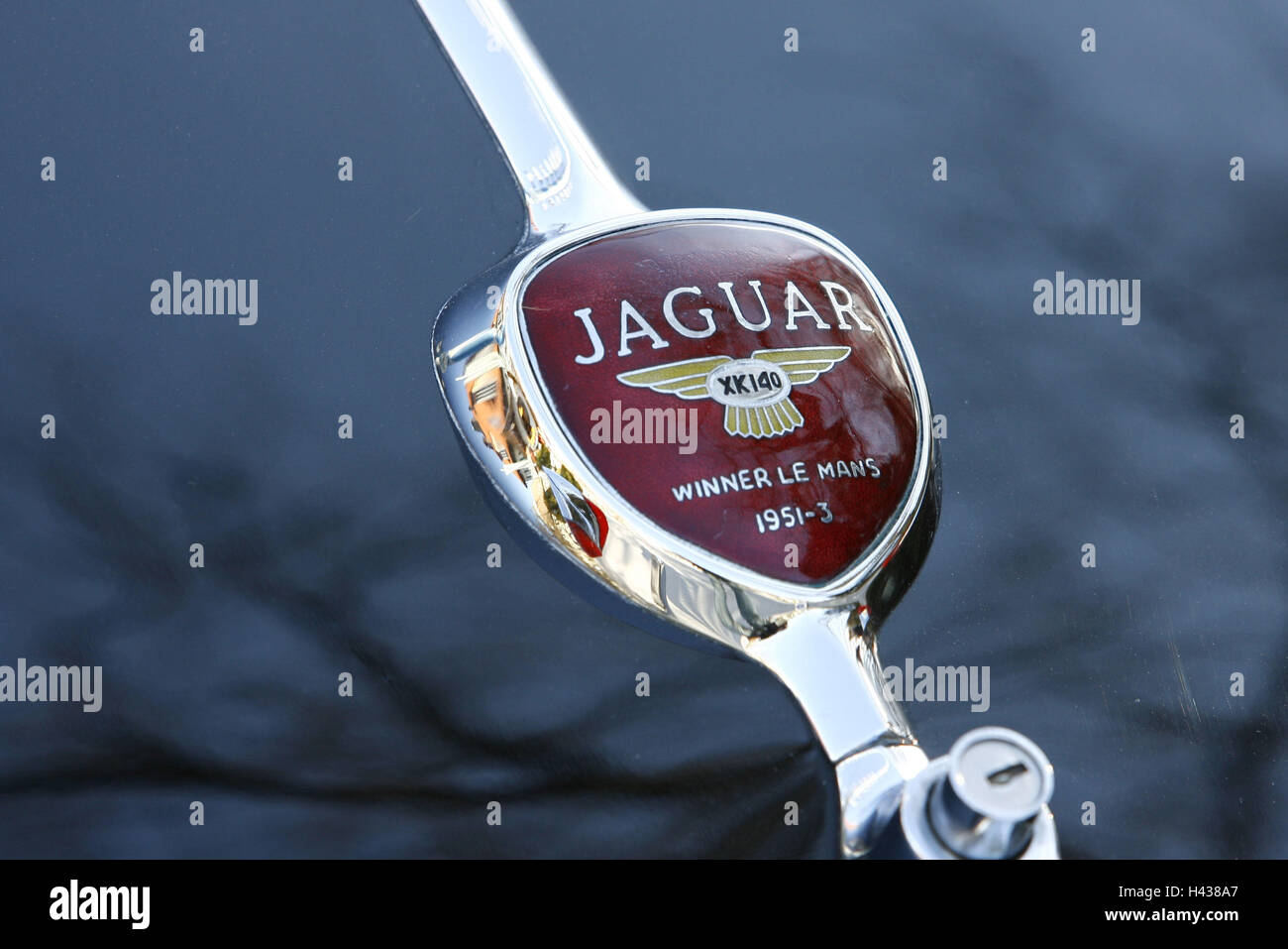 Jaguar XK 140, Oldtimer, Detail, Emblem, Stockfoto