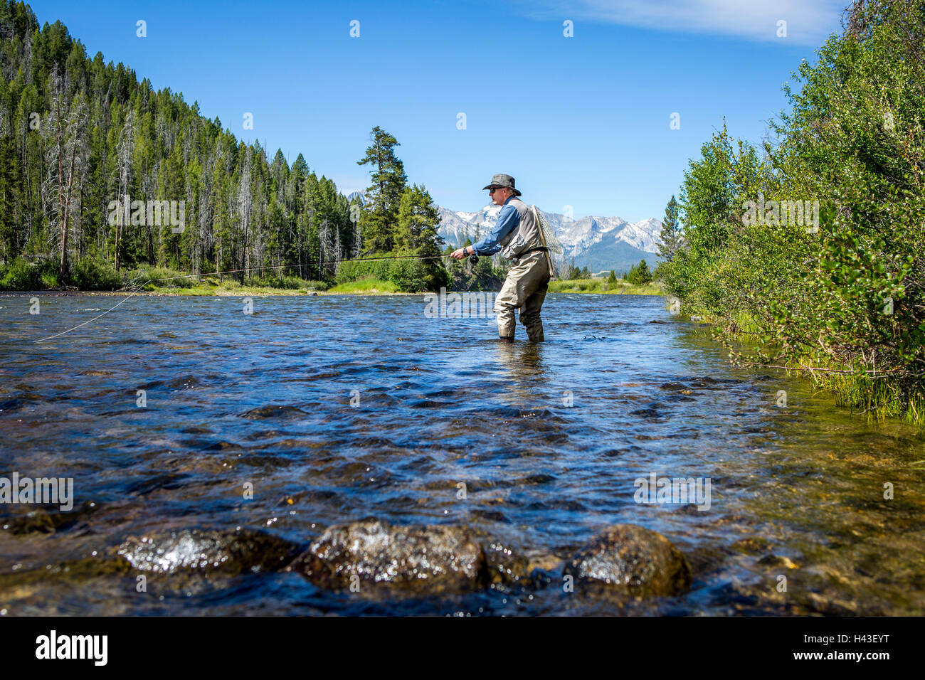 Kaukasischen Mann Fliegenfischen im Fluss Stockfoto