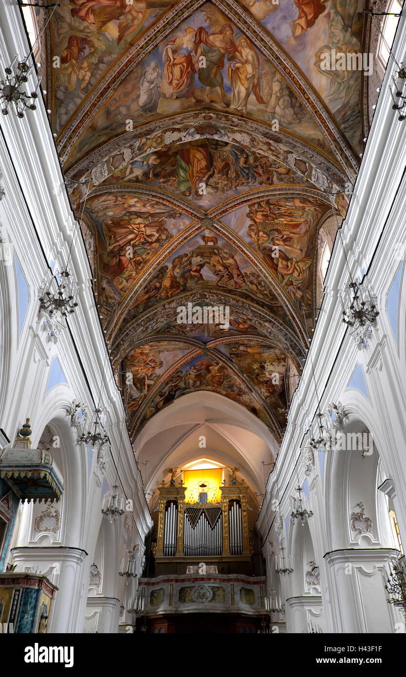Decke-Tresor mit Orgelempore, Kathedrale San Bartolomeo, Lipari Stadt, Lipari, äolische Inseln, Sizilien, Italien Stockfoto