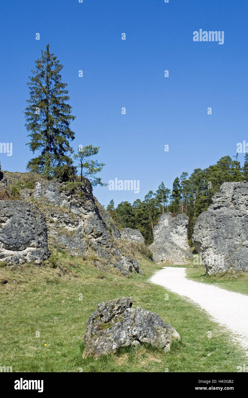 Deutschland, Baden-Wurttemberg, Bartholomä, Berg Holz, Forststraße, Ostalbkreis (Bezirk), Wental, Landschaft, Holz, Stein, Felsformationen, Dolomitfelsen, Straße, Weg, Weg, menschenleer, Natur, Idylle, Sommer, Stockfoto