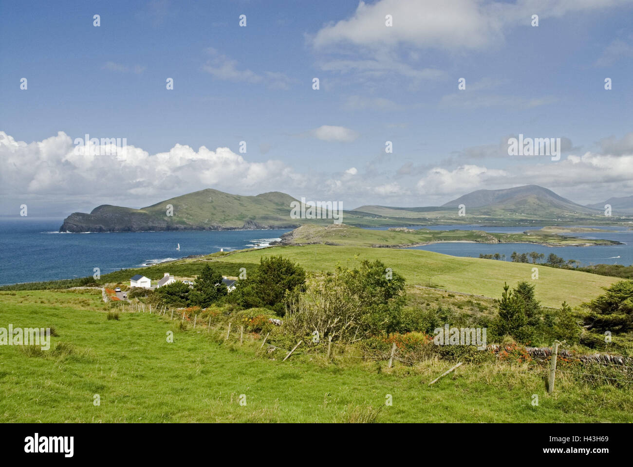 Irland, Munster, Kerry, Iveragh-Halbinsel, Valencia Island, Berge, Wasser, Felder, Landschaft, Natur, Wiesen, Ufer, See, Ansicht, Himmel, Wolken, menschenleer, Stockfoto