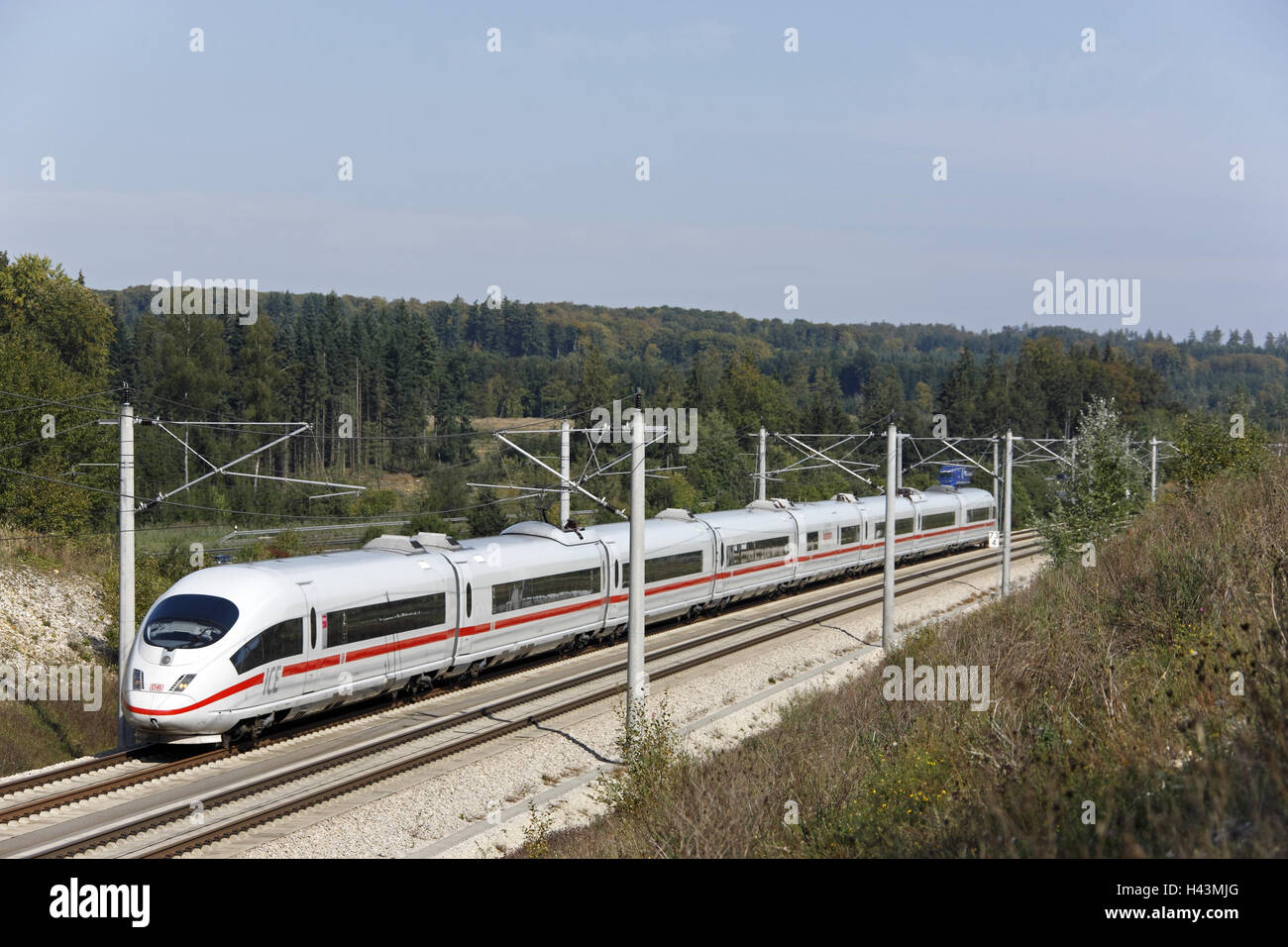 ICE-3, V-Max. 330 km/h, intercity express 525 Dortmund-München, High-Speed-Passage Nürnberg-Ingolstadt, Landschaft, Stockfoto