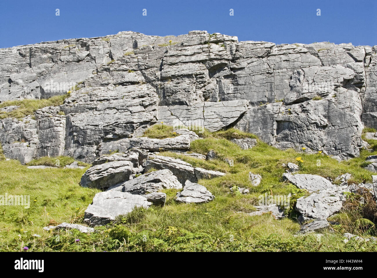 Irland, Munster, Clare, Burren, Karstland, Klippe, Felsen, Steinen, Nationalpark, Natur, Landschaft, Einsamkeit, verlassenen, sonnig, außerhalb, Stockfoto