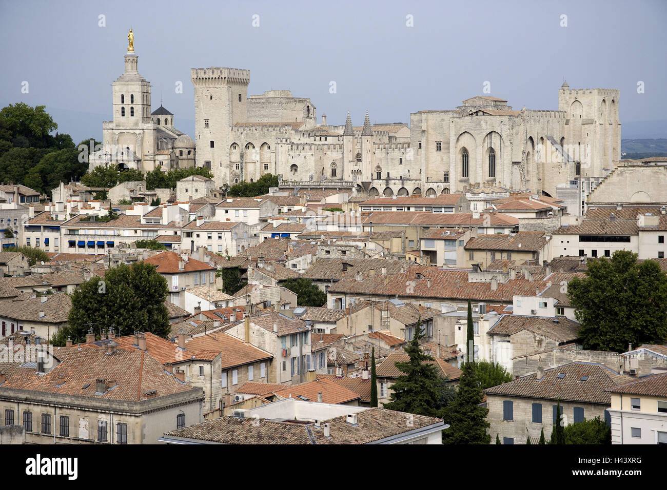 Frankreich, Provence, Avignon, Blick auf die Stadt, Papstpalast, Stadt, Palast de Papes, Doppel-Palast, Palast, Palais Nouveau, festungsartigen, Struktur, Ort von Interesse, Architektur, Kultur, Häuser, Dächer, Kirche, Türme, Stockfoto