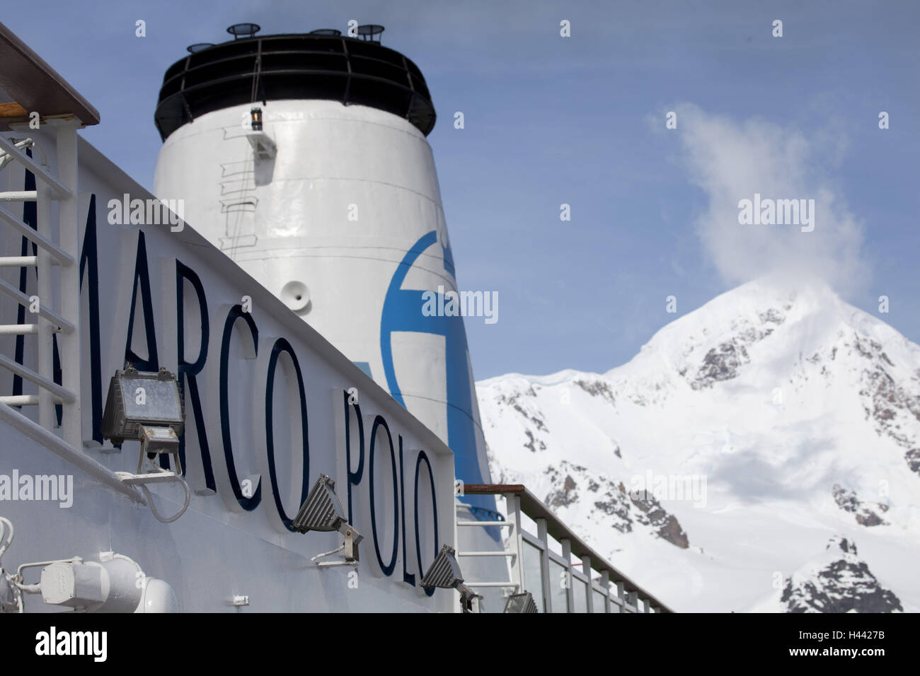 Antarktis, Südpolarmeer, Kreuzfahrtschiff Marco Polo, Detail, Schornstein, Stockfoto
